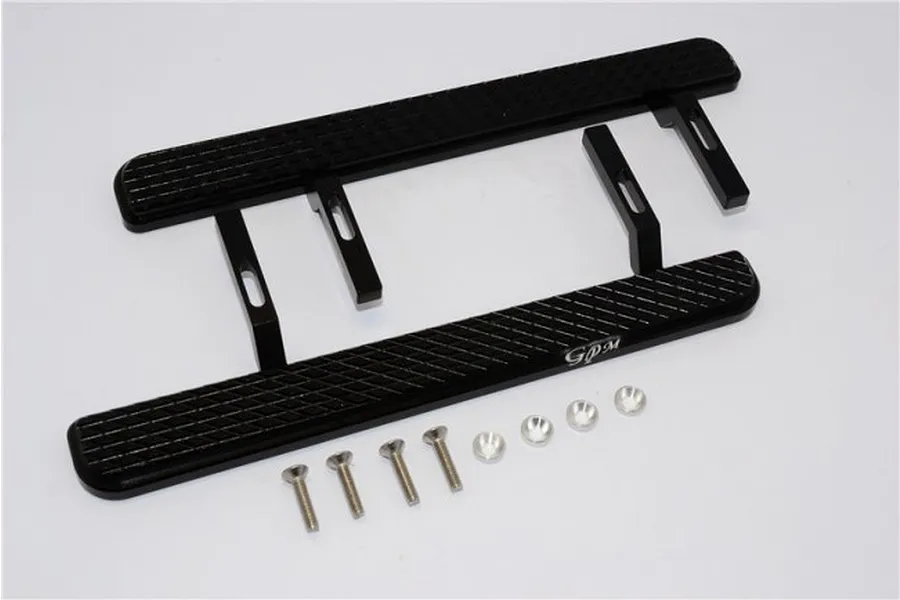 Two black aluminium side step plates for an RC crawler with mounting brackets, screws, and washers on a white background.