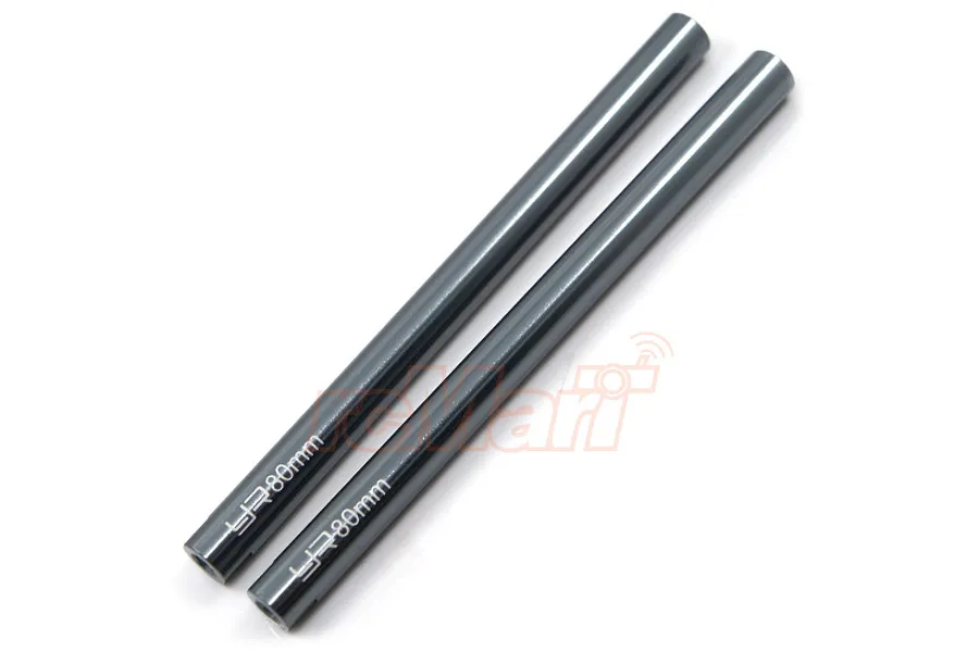 Two gunmetal grey aluminium RC linkages, each 80mm long, featuring laser-etched Yeah Racing branding and length markings on a white background.