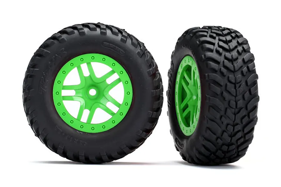 Traxxas 2.2/3.2&amp;quot; SCT Off Road Racing Tyres on Split Spoke Green Rims - Glued Wheels 2Pcs image 57256