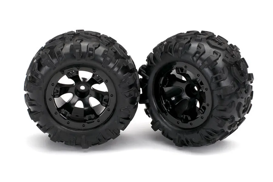 Traxxas 2.1&amp;quot; Canyon AT Tyres on 6 Spoke Geode Black Rims - Glued Wheels 2Pcs image 57281