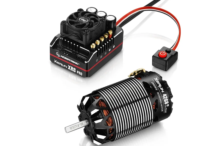 Hobbywing XeRun XR8 Pro ESC and 4268 SD G3 2800Kv brushless motor combo set on a white background.