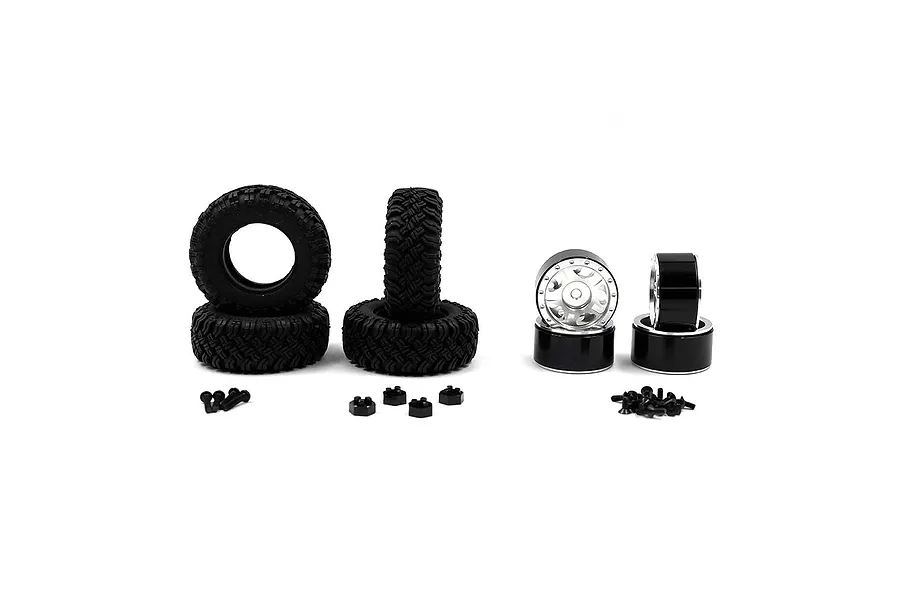 Yeah Racing 1.0&amp;quot; Soft Micro Tyres on Silver 5 Spoke Rims w/ Hexes - Beadlocked Wheels 4Pcs image 57549