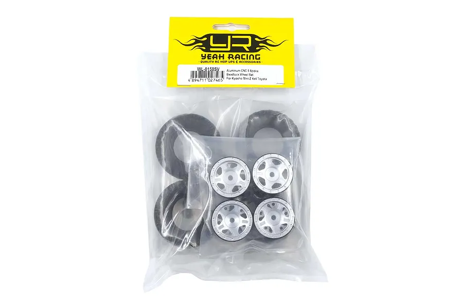 Yeah Racing 1.0&amp;quot; Soft Micro Tyres on Silver 5 Spoke Rims w/ Hexes - Beadlocked Wheels 4Pcs image 57554