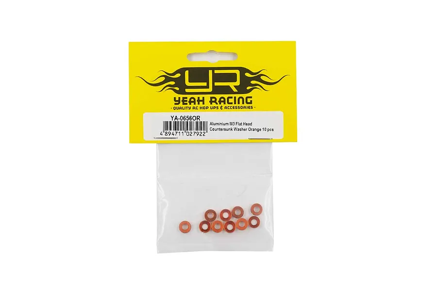 A pack of ten orange aluminium M3 countersunk washers from Yeah Racing in a clear plastic bag with a yellow header card.
