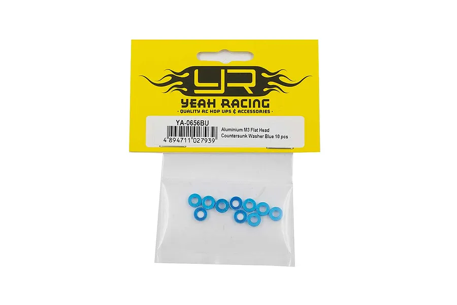 Yeah Racing blue aluminium M3 countersunk washers in original packaging.