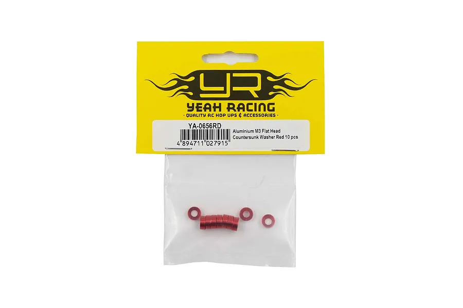 A pack of ten red aluminium M3 countersunk washers from Yeah Racing in their original yellow and clear plastic retail packaging.