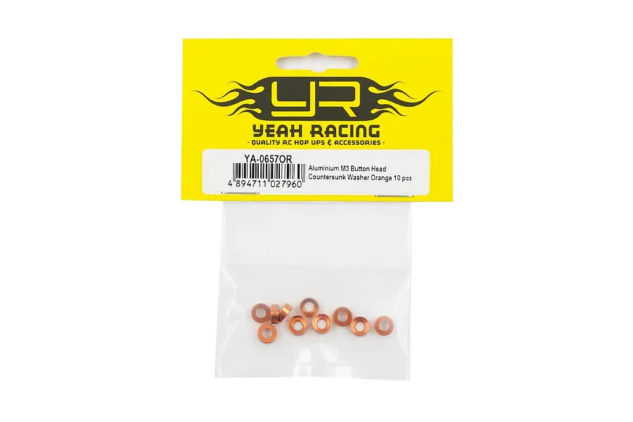 A pack of ten orange aluminium M3 button head countersunk washers from Yeah Racing in their original retail packaging.