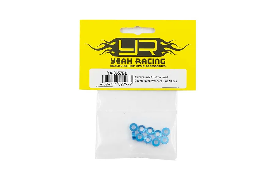 A pack of ten blue aluminium M3 button head countersunk washers from Yeah Racing in their original yellow and clear plastic packaging.