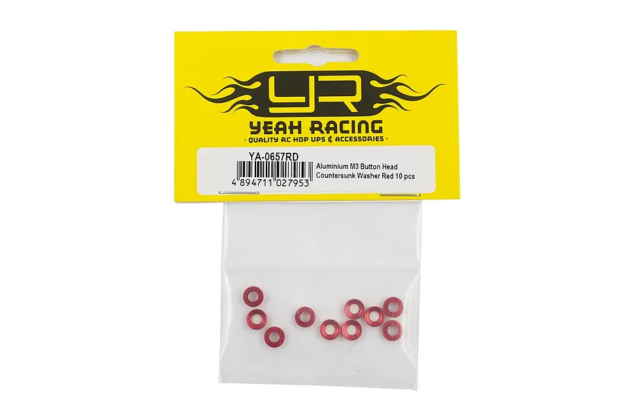 A pack of 10 red aluminium M3 button head countersunk washers from Yeah Racing, shown in their original yellow and clear plastic packaging.