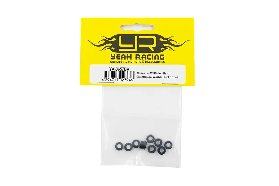 A pack of 10 black aluminium M3 button head countersunk washers from Yeah Racing, shown in original retail packaging.