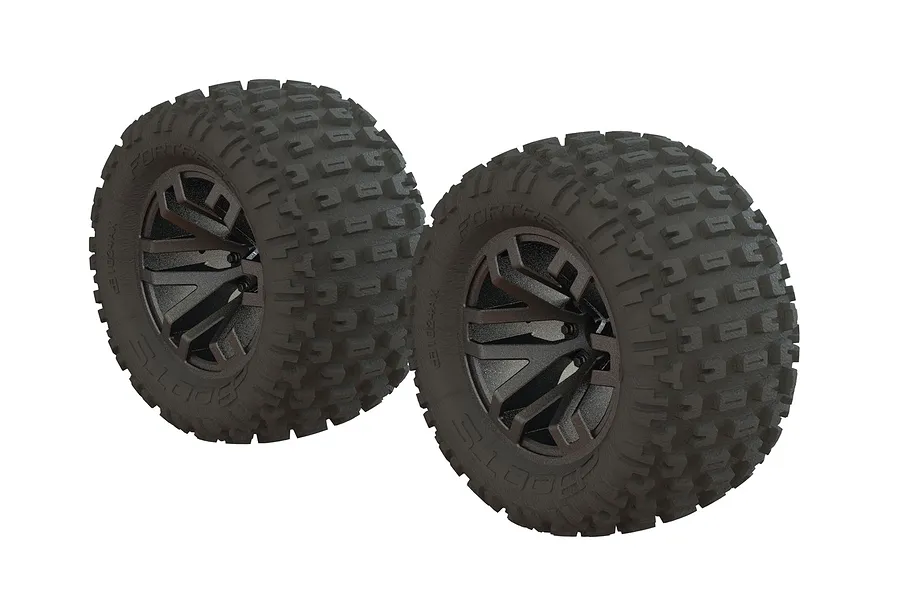 ARRMA 2.8&amp;quot; dBoots Fortress MT Tyres on Split Spoke Gunmetal Rims - Glued Wheels 2Pcs image 57596