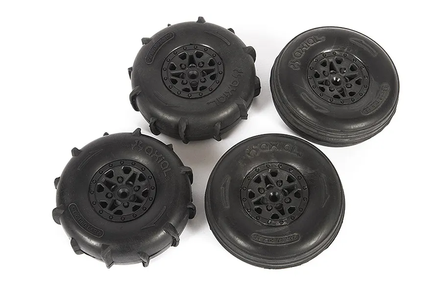 Axial 1.2/1.6&amp;quot; ST28 Razor Front &amp;amp; Rear Paddle Tyres on Black Rims - Glued Wheels 4Pcs image 57599