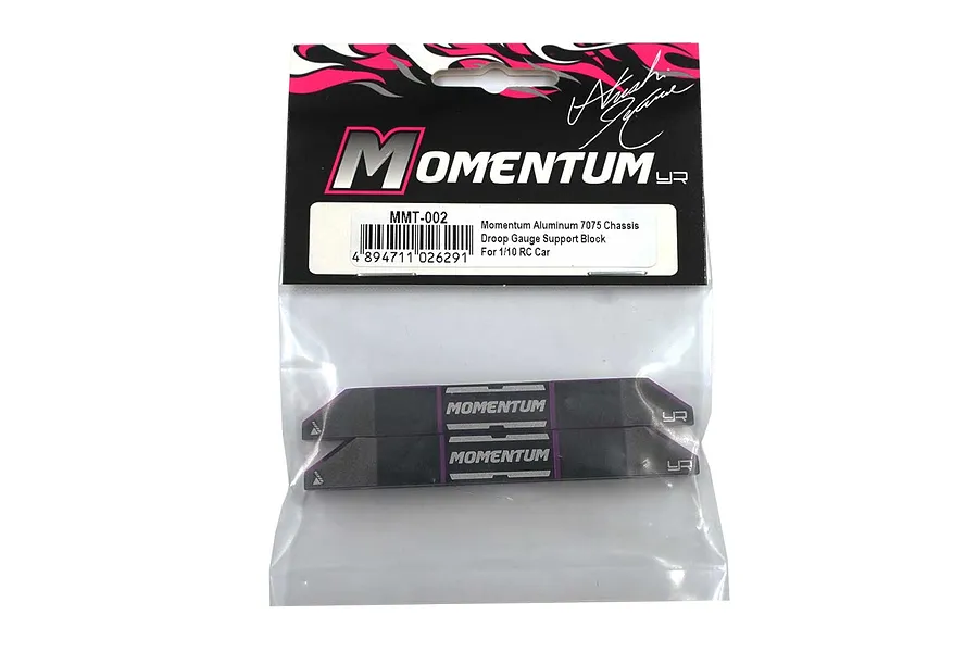 Yeah Racing Momentum aluminium droop gauge support blocks in retail packaging, featuring black and purple finish.