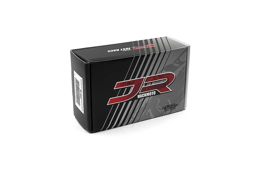 A black cardboard product box for a Yeah Racing Hackmoto Just-Race motor, featuring red and white branding on a white background.