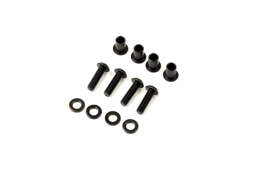 Kyosho Kingpin Bushing Set FA218 including four black metal bushings, four black screws, and four black washers arranged on a white background.