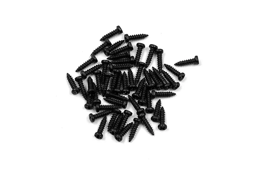 A pile of black micro button head screws with coarse threads for RC hobby use.