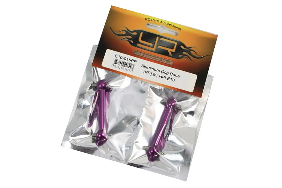 Two purple aluminium dog bone drive shafts for HPI E10 in original Yeah Racing branded packaging.