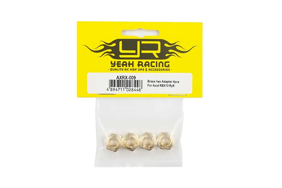 Yeah Racing AXRX-009 brass wheel hex adapters in original yellow and white retail packaging.