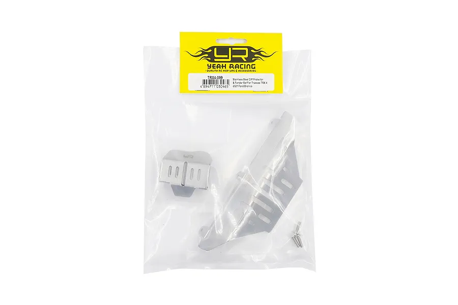 Yeah Racing stainless steel differential skid plate and fender set for Traxxas TRX-4 in original retail packaging.