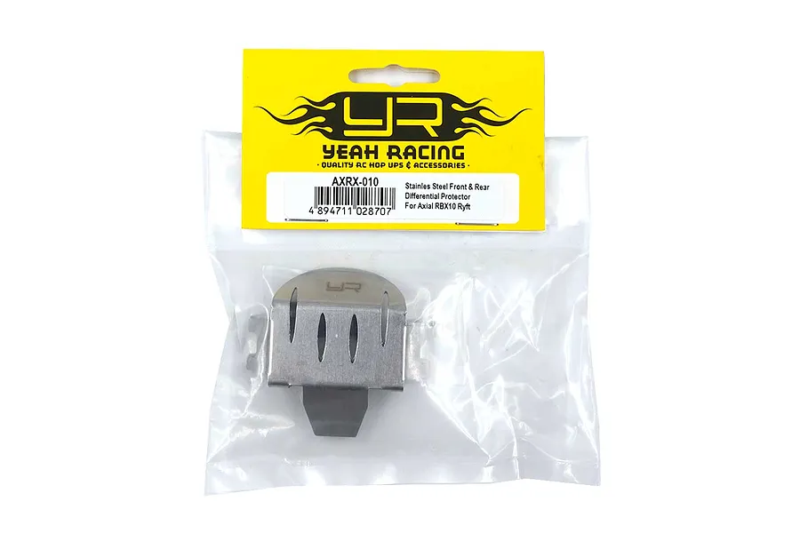 Yeah Racing stainless steel differential skid plates for Axial RBX10 in retail packaging.