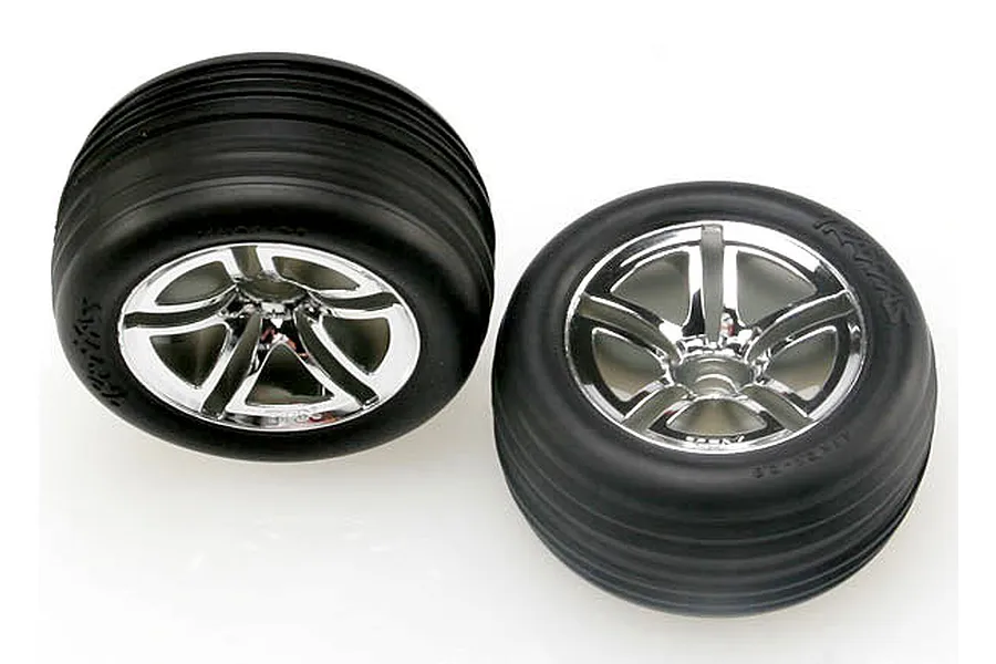 Traxxas 2.8&amp;quot; Front Alias Ribbed Tyres on Chrome Twin-Spoke Rims - Glued Wheels 2Pcs image 58007