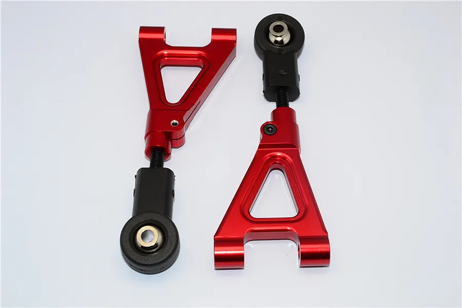 Two red anodized aluminium RC suspension arms with black plastic rod ends on a white background.