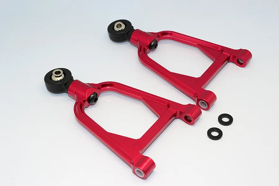 Two red anodized aluminium front upper suspension arms for an RC car, including two small black washers, set against a plain white background.