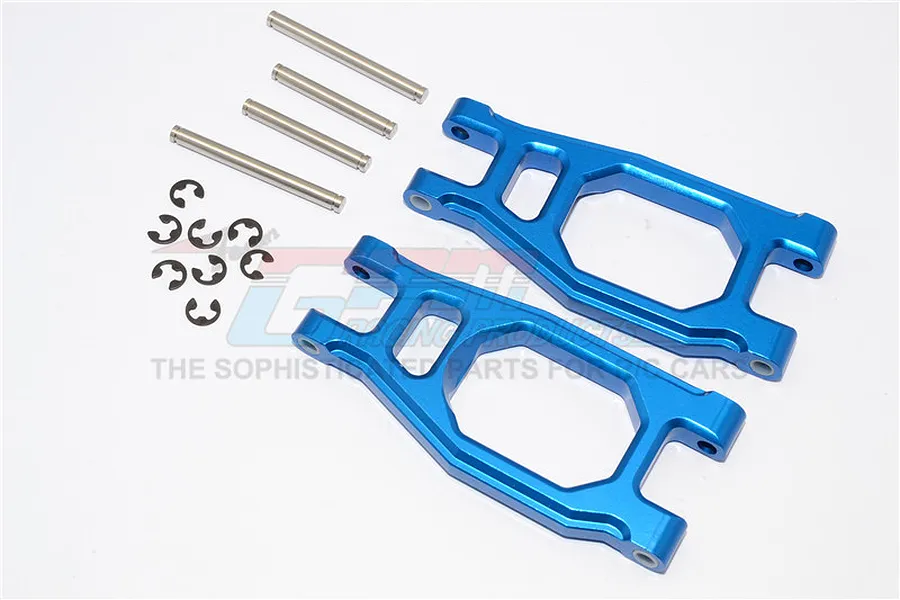 Two blue anodized aluminium RC front upper suspension arms with four metal hinge pins and eight E-clips on a white background.