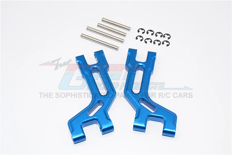 A pair of blue anodized aluminium rear upper suspension arms for an RC car, including four metal hinge pins and eight E-clips, on a white background.