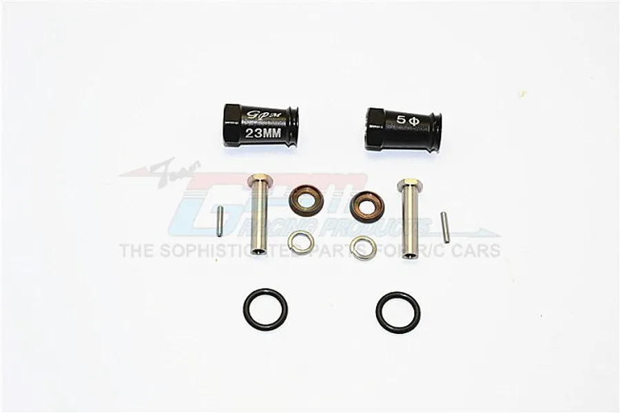 GPM Racing black aluminium 23mm wheel hex adapters for RC cars with included hardware pins, washers, and O-rings.