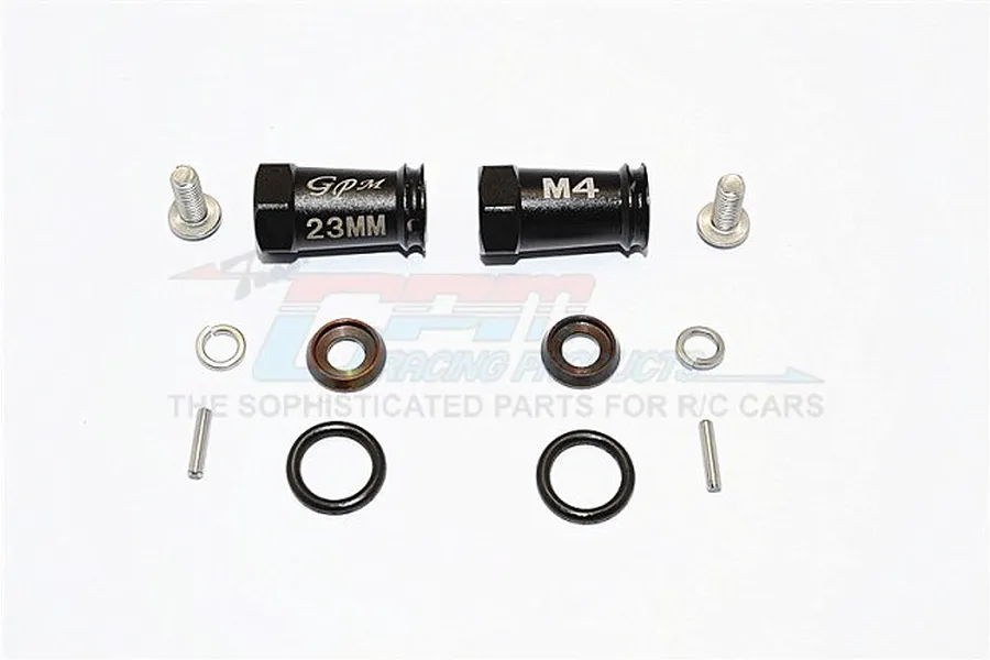 Two black aluminium 23mm wheel hex adapters for SCX10 II with included screws, washers, pins, and O-rings on a white background.