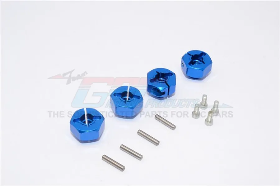 Four blue anodized aluminium hex adapters with four metal pins and four small screws on a white background.