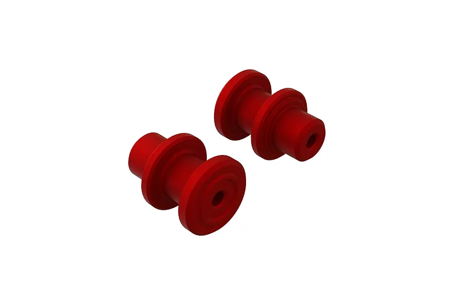 Two red anodized aluminium servo saver axles for ARRMA RC vehicles, shown from an angled perspective against a white background.