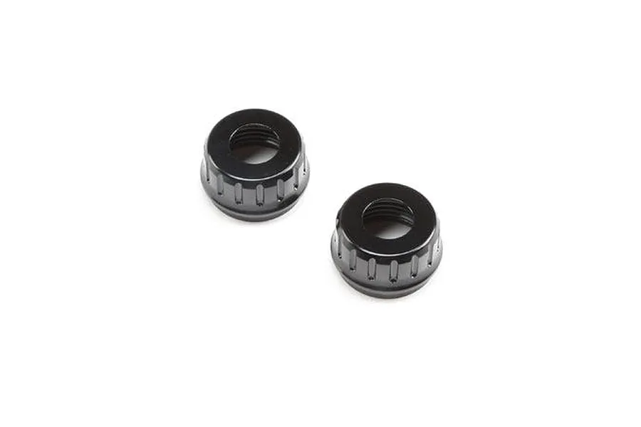 Two black aluminium lower shock caps for Losi RC vehicles, shown from a top-down angle on a white background.