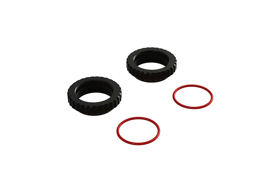 Two black aluminium threaded shock collars and two red rubber O-rings for ARRMA RC vehicles.