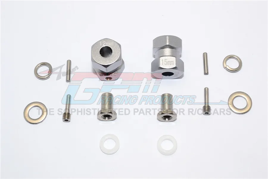 GPM Grey Silver Aluminium 12mm Wheel Hex +15mm Adaptors 2Pcs w/ Hardware image 1