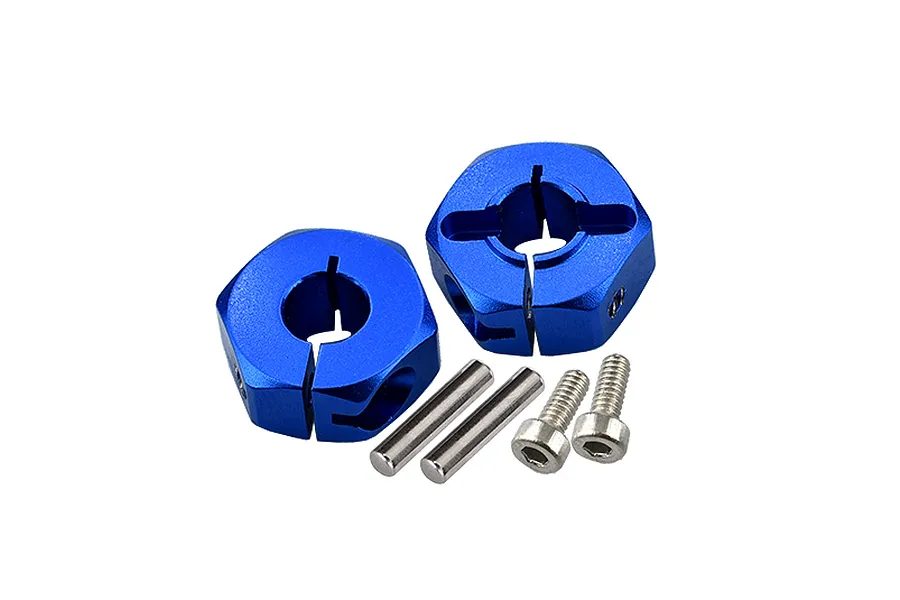 Two blue anodized aluminium RC wheel hex adapters with two metal pins and two socket head screws on a white background.