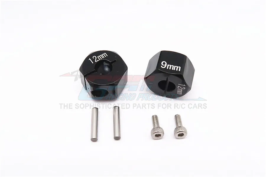 Two black aluminium 12mm wheel hex adapters with 9mm extension, including two pins and two screws, set against a white background.