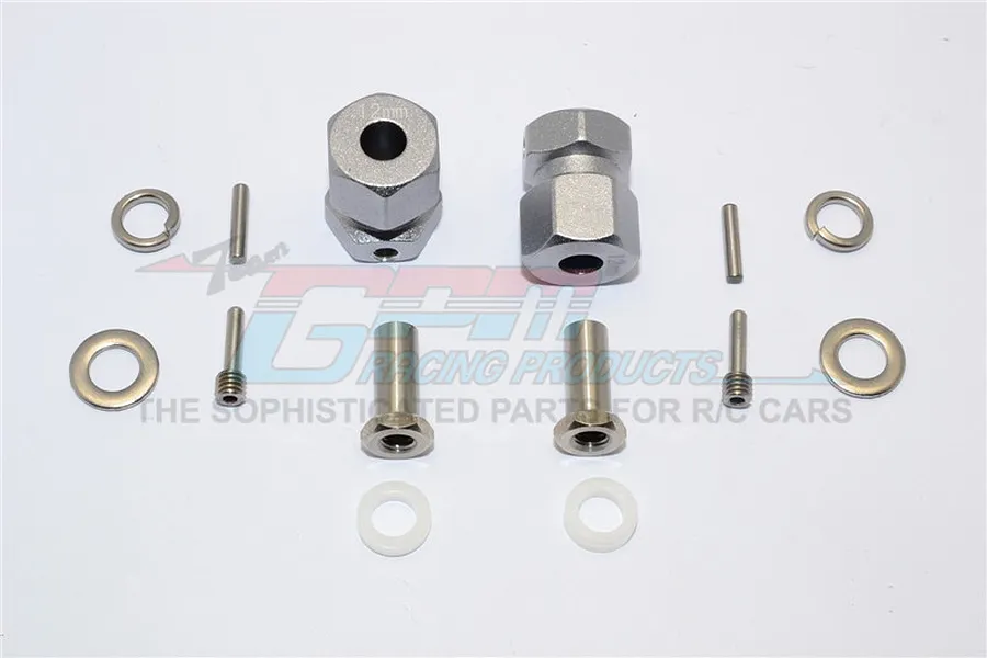 GPM Racing grey aluminium 12mm wheel hex adapters with extension hardware, including pins, nuts, and washers on a white background.