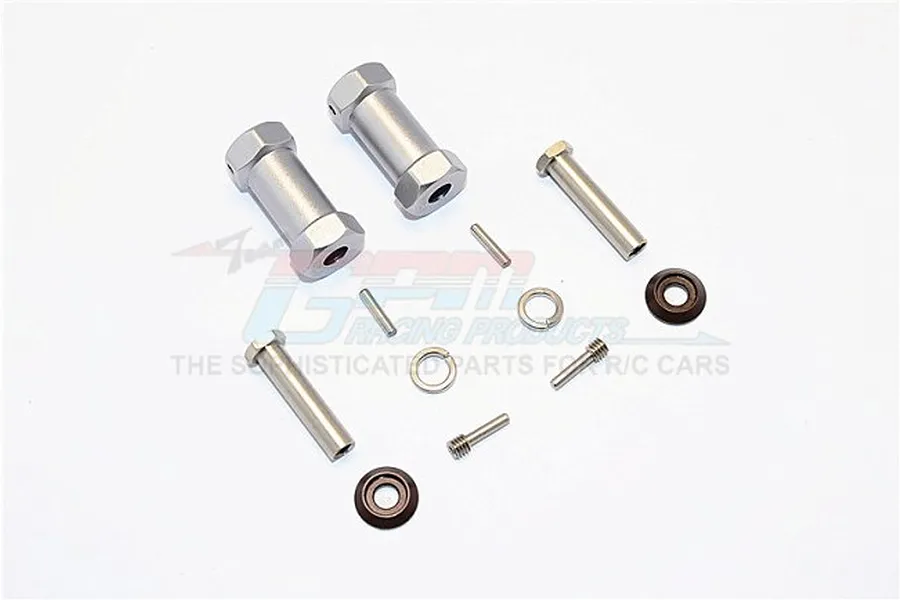 GPM Racing grey aluminium 12mm wheel hex adapters with included hardware pins, screws, and washers on a white background.