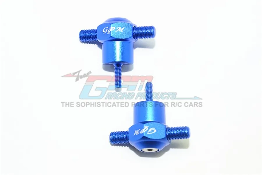 Two blue anodized aluminium spare tyre locks for RC cars by GPM Racing, featuring threaded posts and GPM branding.