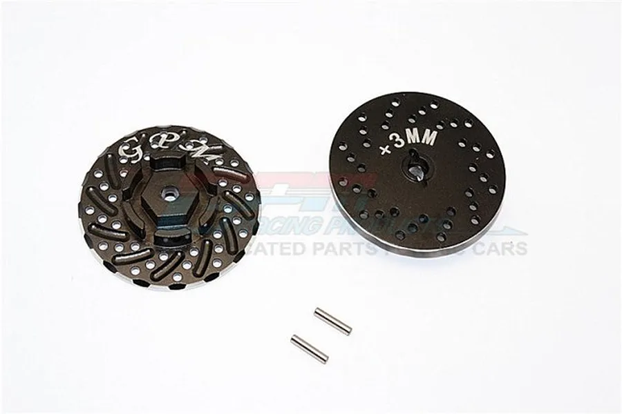 Two black GPM aluminium brake disc wheel hex adapters with +3mm offset and two small metal pins on a white background.