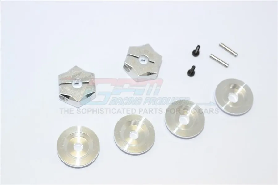 GPM Racing silver aluminium 12mm to 17mm wheel hex adapter set with mounting hardware on a white background.