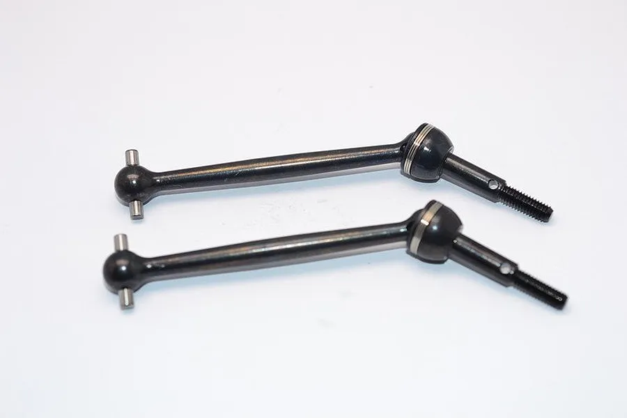 Two black hardened steel CVD driveshafts for RC vehicles, shown against a plain white background.