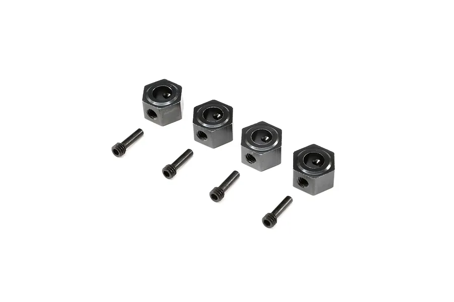 Four gunmetal grey aluminium 12mm wheel hexes and four matching set screws arranged on a white background.