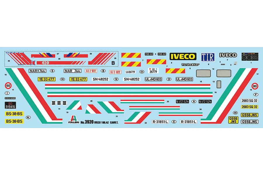 A decal sheet for the Italeri 1/24 Iveco Turbostar 190-42 model kit, featuring various license plates, Italian flag stripes, and Iveco branding.