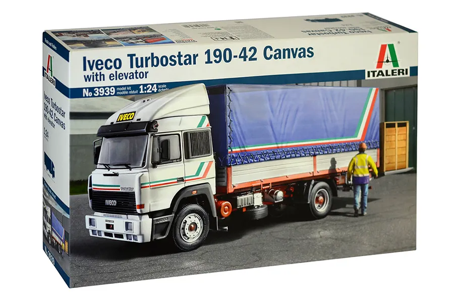 Italeri 1/24 scale Iveco Turbostar 190-42 Canvas with elevator model truck kit box showing a finished model of a white truck with a blue canvas trailer.