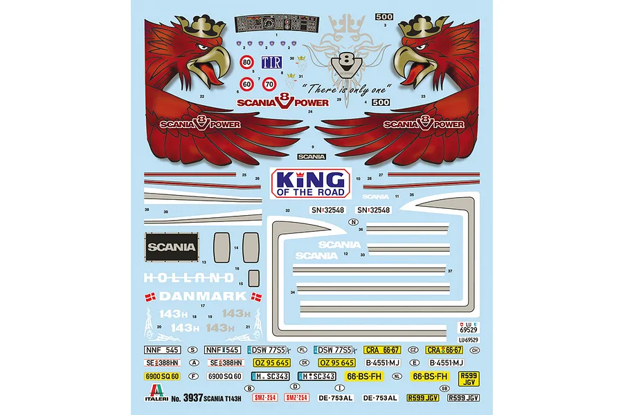 A decal sheet for the Italeri 1/24 Scania Y143H model kit, featuring large red griffin graphics, Scania logos, and various international license plates.