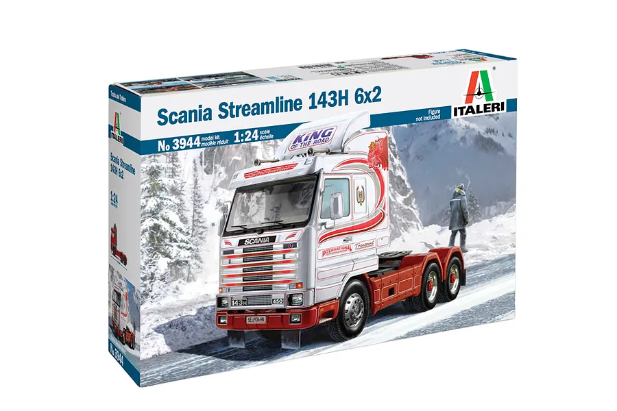 Italeri 1/24 scale Scania Streamline 143H 6x2 truck model kit box showing a white and red truck in a snowy landscape.
