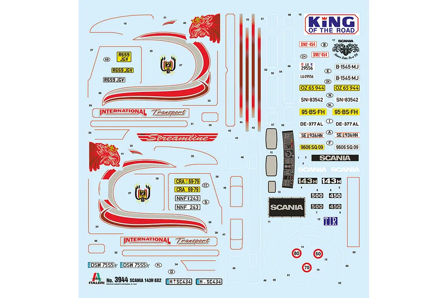 A decal sheet for the Italeri 1/24 Scania Streamline 143H 6x2 model truck kit, featuring various logos, license plates, and decorative stripes.